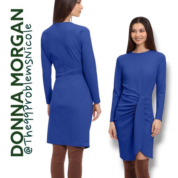 Donna Morgan Blue Long Sleeve Side Drape Dress - Picture 5 of 7